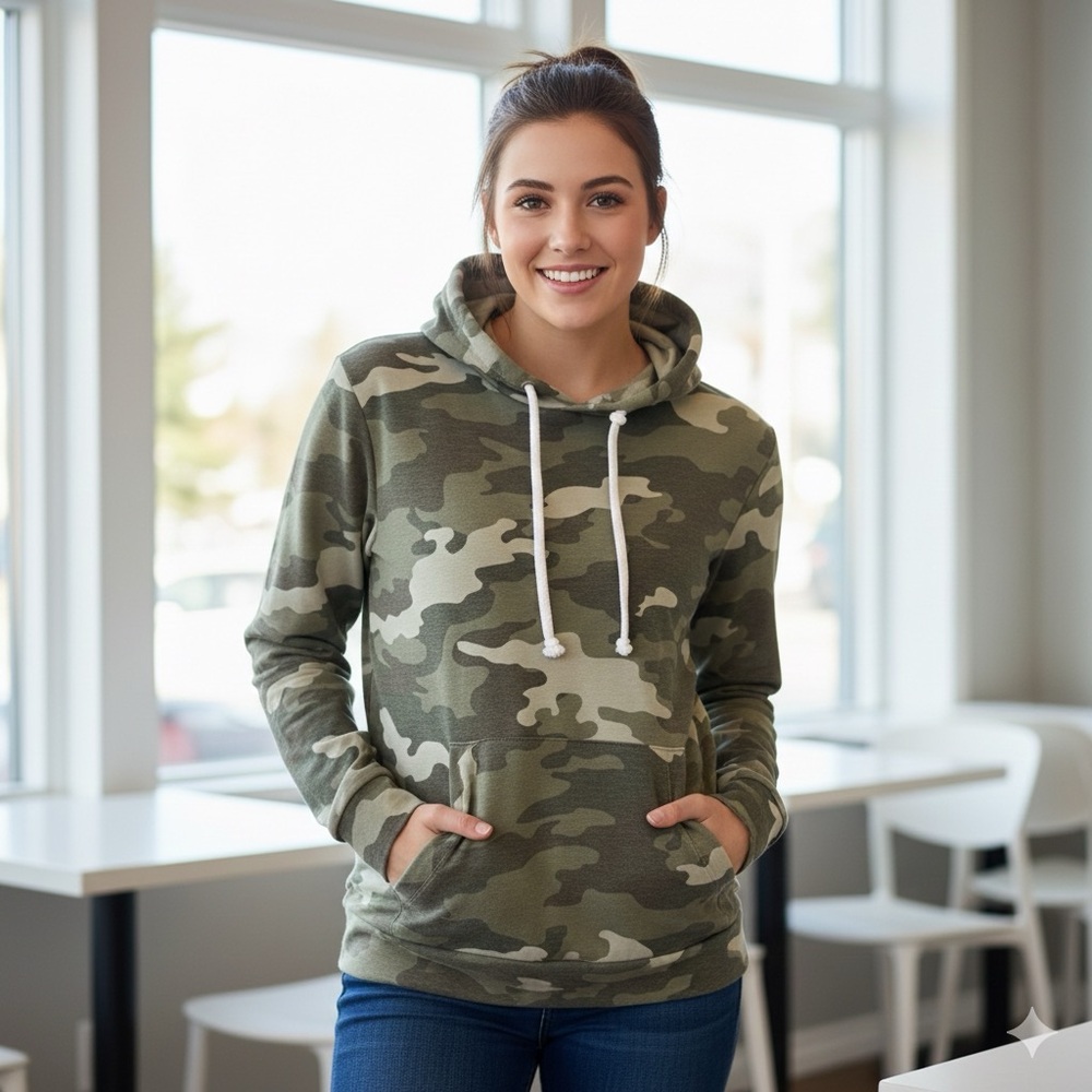 HS Idol Hoodie Sweatshirt Camo Lightweight Hooded Top Womens Size L